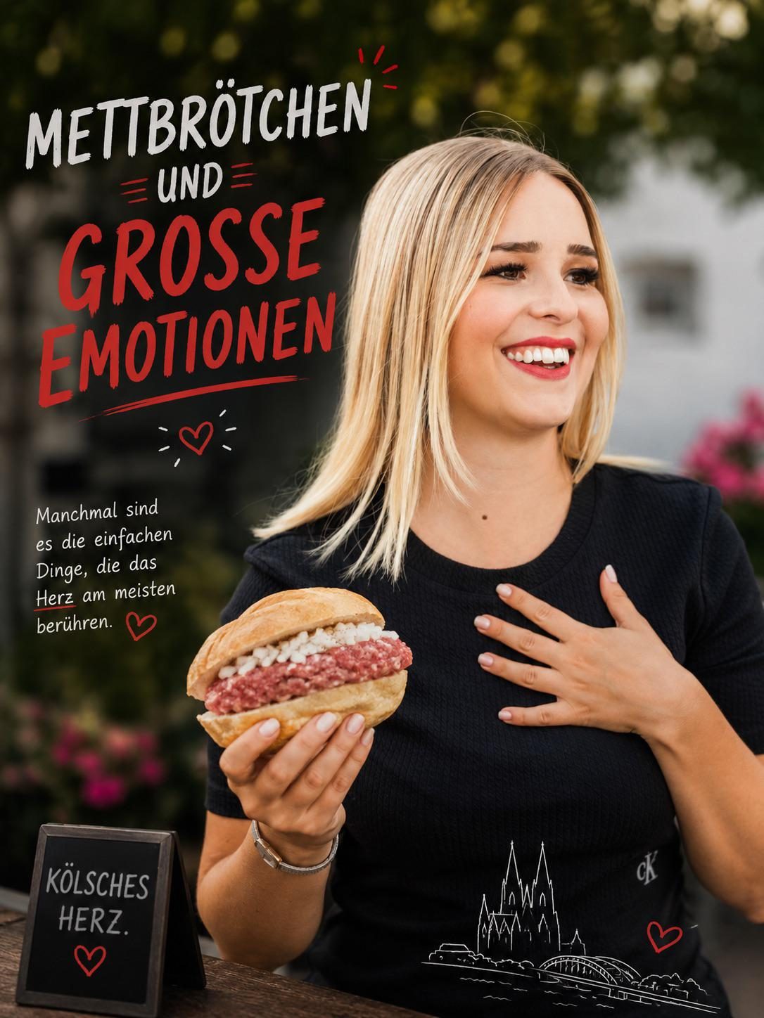 Selina lacht mit einem Mettbrötchen, Schild Mettbrötchen und große Emotionen