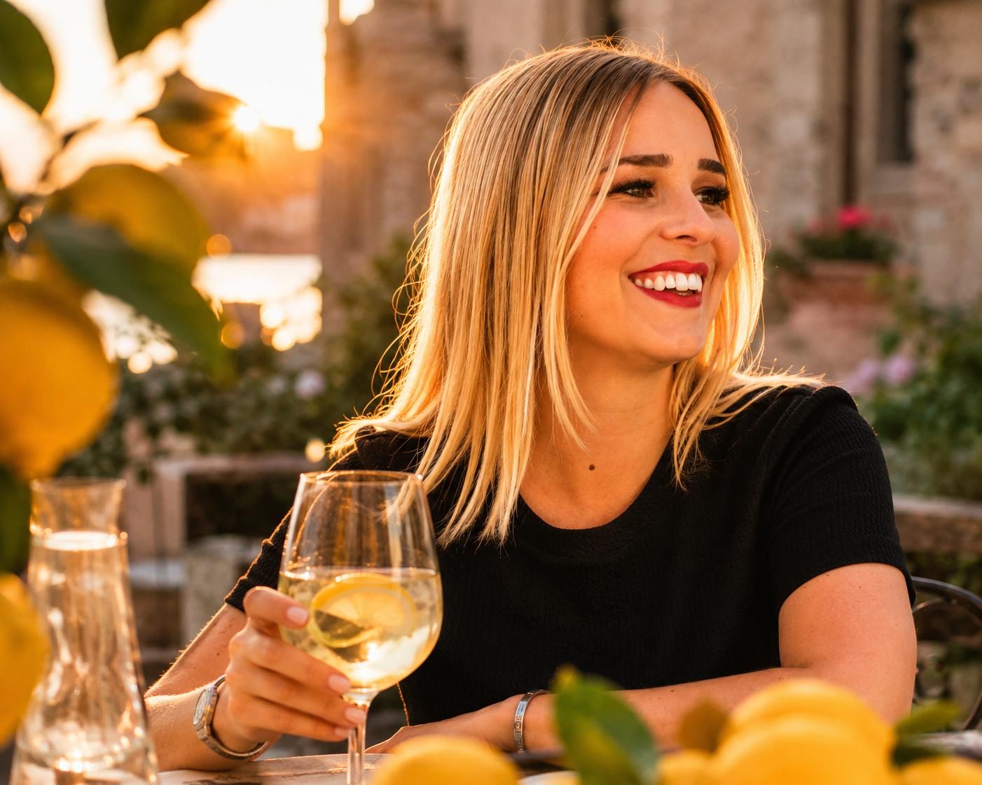 Selina mit einem Glas Wein bei Sonnenuntergang auf Madeira