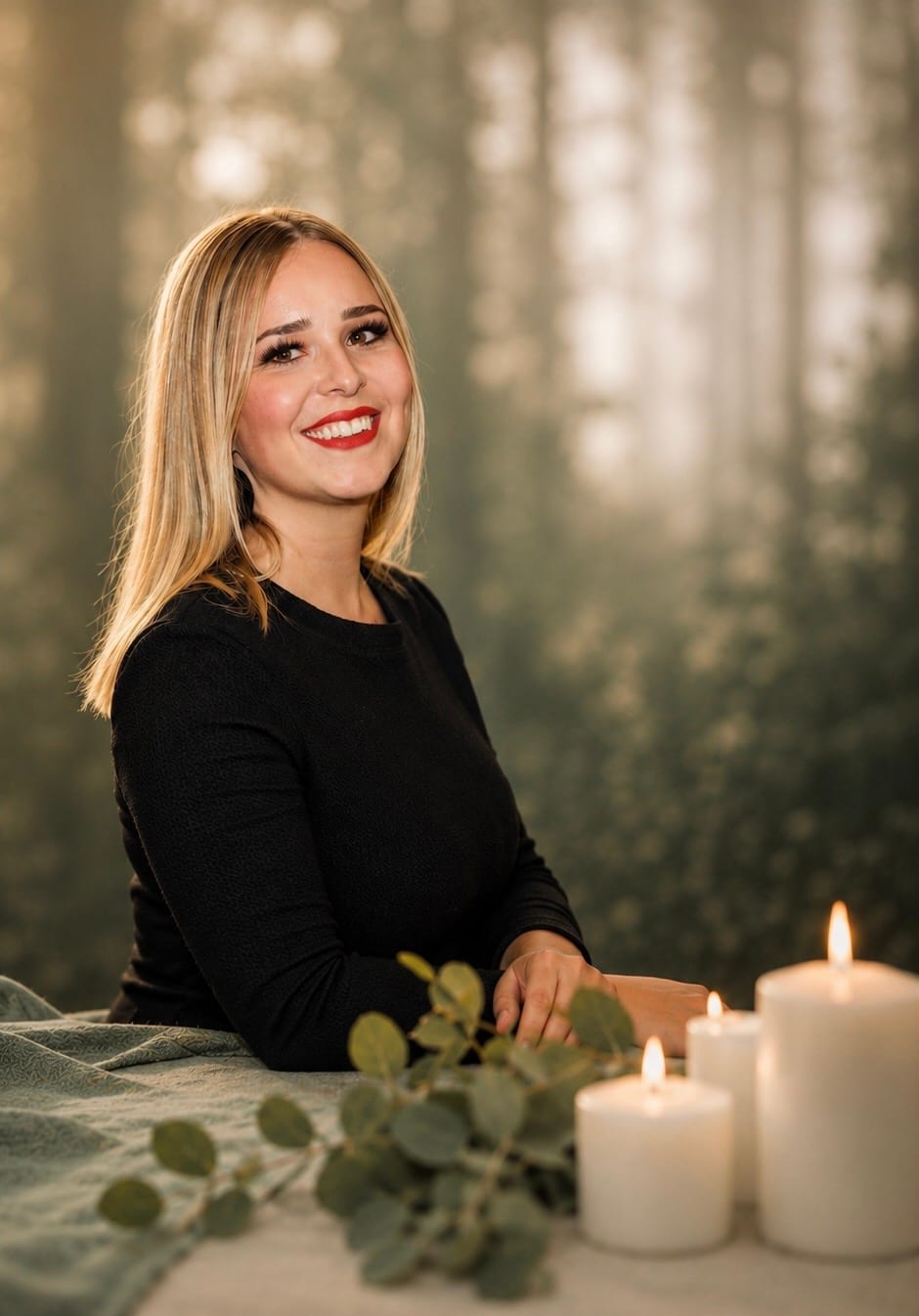Kerzenlicht mit Eukalyptus — würdevolle Atmosphäre für Trauerfeiern